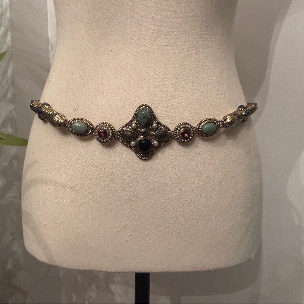 Zara Gold-Tone Jeweled Waist Belt with Lapis lazuli and cabochon Gem Stones